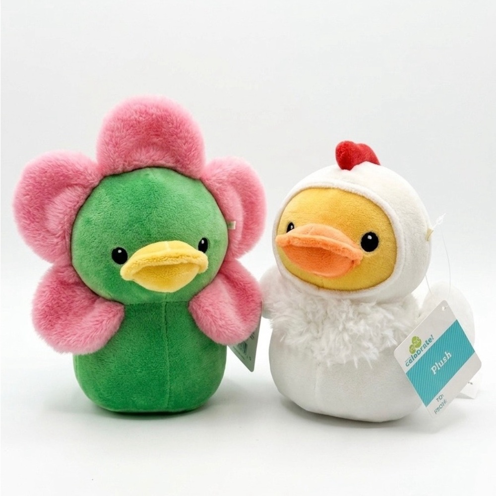 Set Of 2 Duck In Chicken Suit & Duck In Flower Costume Plush Toys 8” New